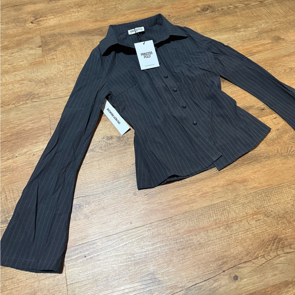 Pinstripe fitted blouse with flare sleeves